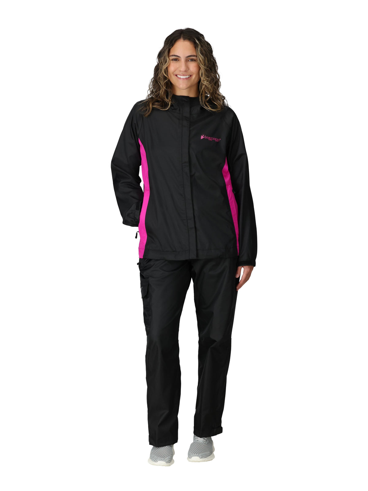 Frogg Toggs StormWatch Jacket, Waterproof Jacket for Women with Adjustable Hood, Black/Pink, Extra Large